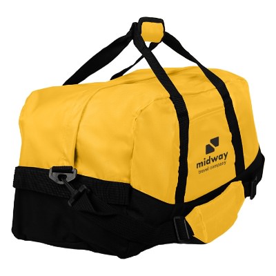 Yellow gym bag with black accents and black imprint.
