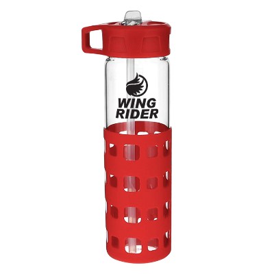 Glass water bottle with red silicone sleeve and custom logo.