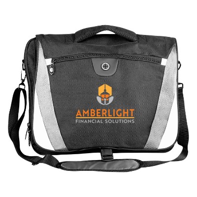 Multi colored messenger bag with personalized full-color logo.