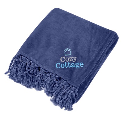 Blue fringed chenille blanket with embroidered design.