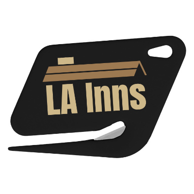 Black plastic letter opener with a personalized logo.