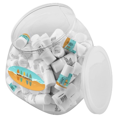 Clear plastic tub with white lip balm with a branded logo.