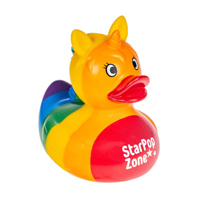 Rainbow rubber duck with a custom imprint.