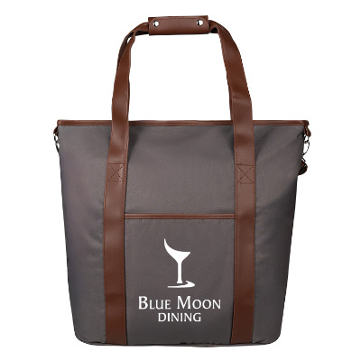 Gray polyester cooler with a custom logo.