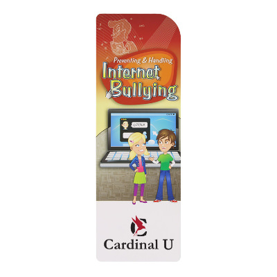 White cardstock bookmark with a personalized logo.