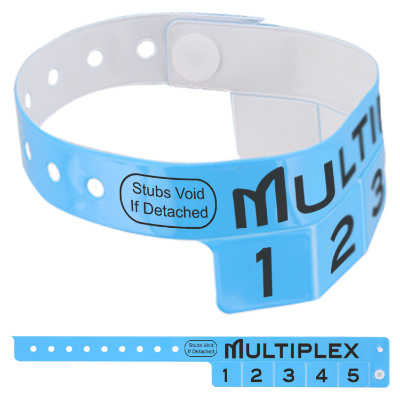 Blue vinyl wristband with a custom logo.