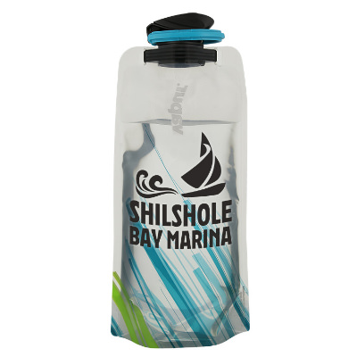Clear drink pouch with custom logo.