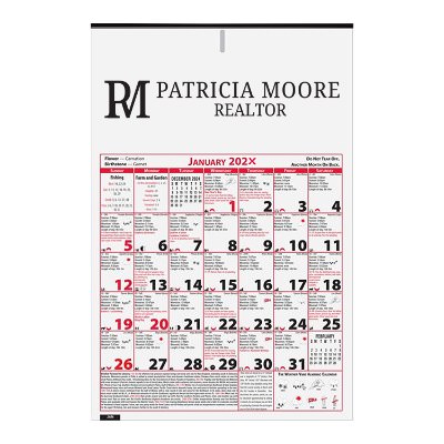 Twelve month almanac calendar with custom promotional imprint.
