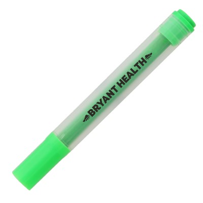 Green plastic highlighter with a customized logo.