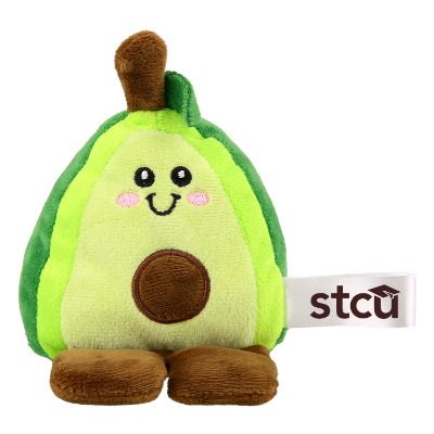 Green plush phone holder with a custom logo.