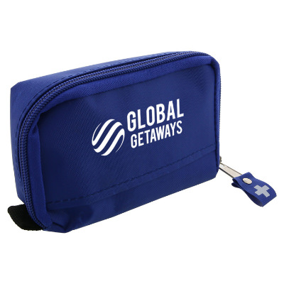 Blue plastic first aid kit with a branded logo.