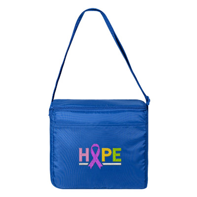 Blue polyester cooler with a customized logo.