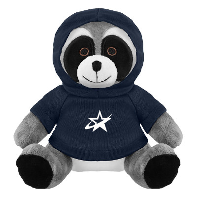 Plush and cotton raccoon with a blue hoodie with a personalized logo.