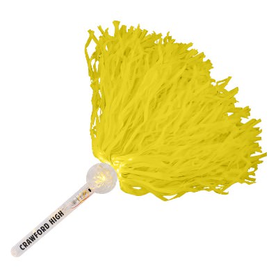 Yellow fiber and plastic pom pom with a personalized logo.