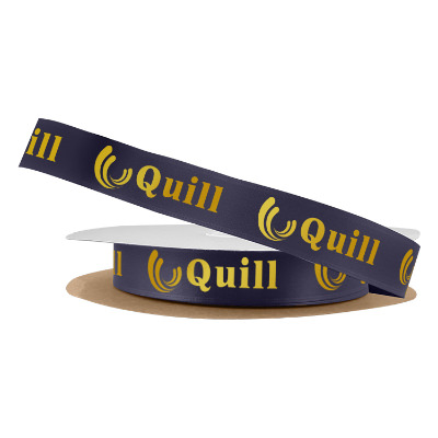 Navy blue satin ribbon with a branded imprint.