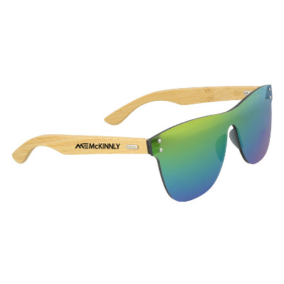 Plastic sunglasses with a custom logo.