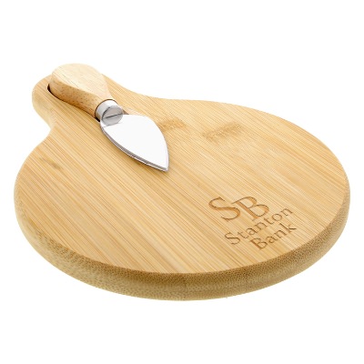 Bamboo cutting board with spreading knife with laser engraved promotional imprint.