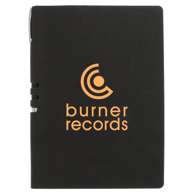 Personalized black seminar softcover journal with pen.