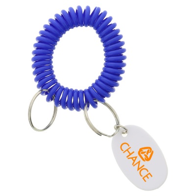 Plastic coil bracelet keychain with custom imprint.