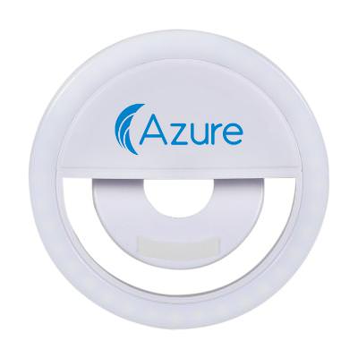 Plastic white selfie light with a custom imprint.