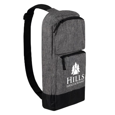 Gray zippered sling bag with custom imprint.