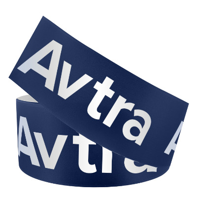 Blue satin ribbon with a custom logo.