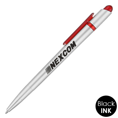 Personalized gray pen with colorful accents.