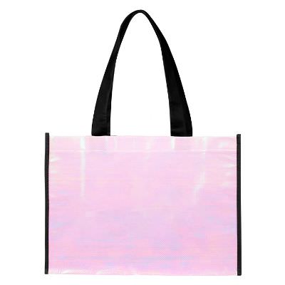 Laminated non-woven polypropylene white iridescent tote blank.
