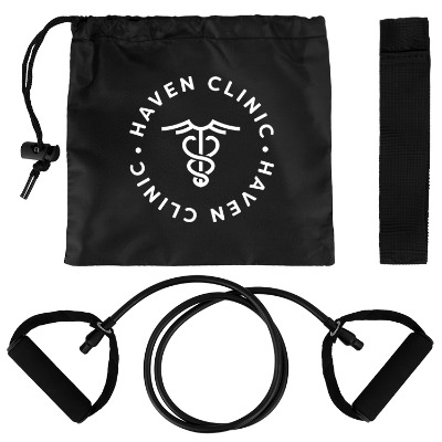 Black fitness bands with custom logo on pouch.