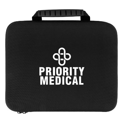 Black plastic massage gun with a custom imprint.