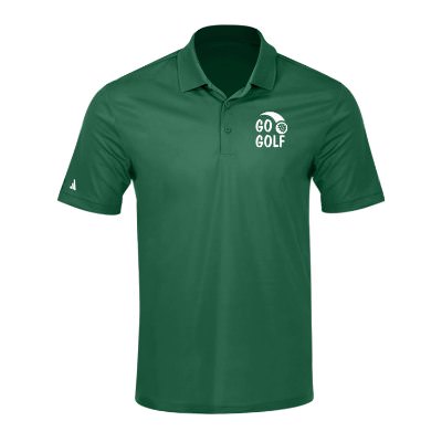 Collegiate green men's polo with custom logo.