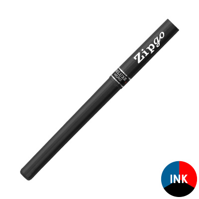 Black plastic pen with a personalized imprint.