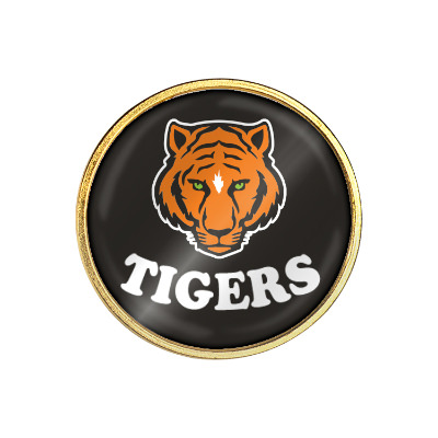 Gold brass lapel pin with a custom imprint.