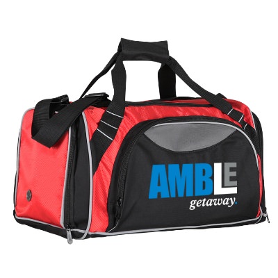 Polyester and dobby black and red weekender duffel with full color imprint.