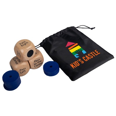 Black polyester pass pass keep dice set with a personalized logo.