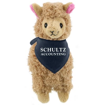 Plush and cotton llama with navy bandana with custom logo.