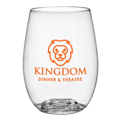 Plastic clear wine glass with custom imprint in 16 ounces.