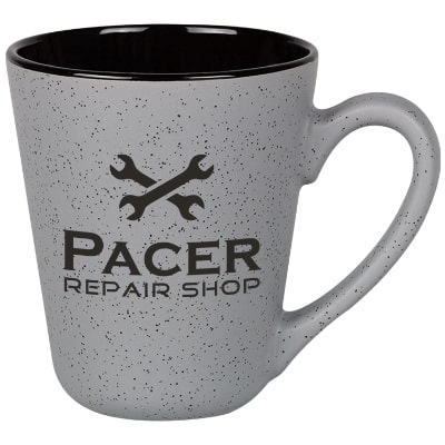 Ceramic gray coffee mug with c-handle and custom design in 16 ounces.