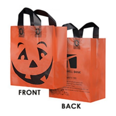 Plastic orange frosted pumpkin shopper bag imprinted.