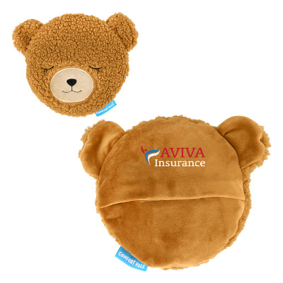 Brown plush cozy pad with a branded logo.