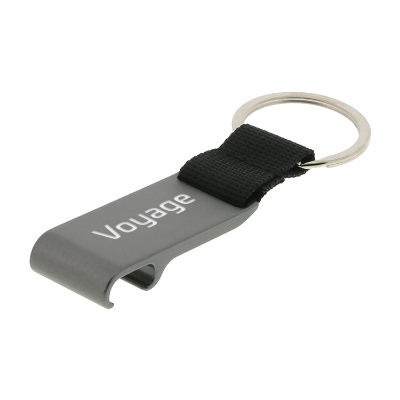 Wide red aluminum bottle opener with nylon and metal key ring with personalized laser engraved imprint.