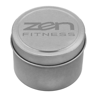 Silver tin candle with a personalized logo.