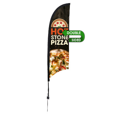7-ft. double-sided stand-up flag with custom logo.