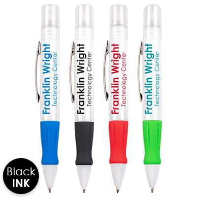Pen with gripper and hand sanitizer top.