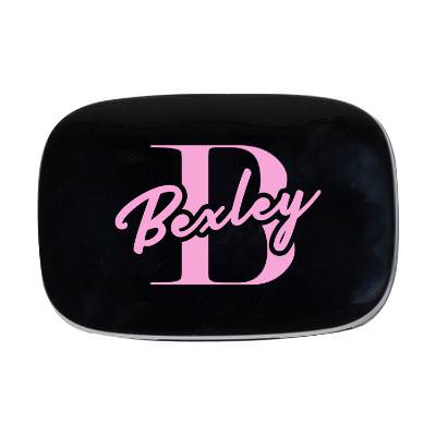Black plastic headphones with a personalized imprint.