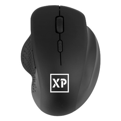 Black plastic mouse with a branded logo.