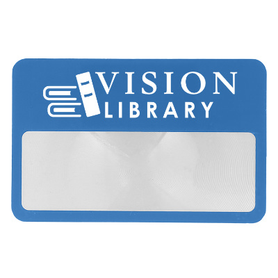 Blue plastic magnifier with a custom logo.
