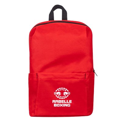 Red backpack with custom logo.