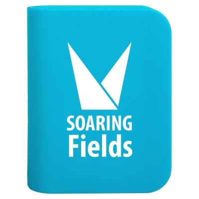 Light blue plastic manicure set with a personalized logo.