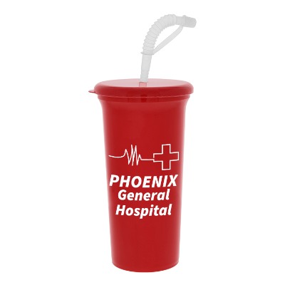 Plastic red stadium cup with custom logo in 32 oz.